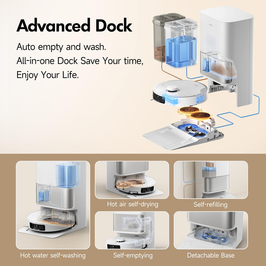 Mova P10 Pro Ultra Gen 2 Robot Vacuum and Mop, 26,000Pa Suaction, 212°F Hot Water Auto Mop Washing, 1-Hour Hot Air Drying, Extenable Mop, All-in-One Dock, Triple Anti-Tangle System for Home