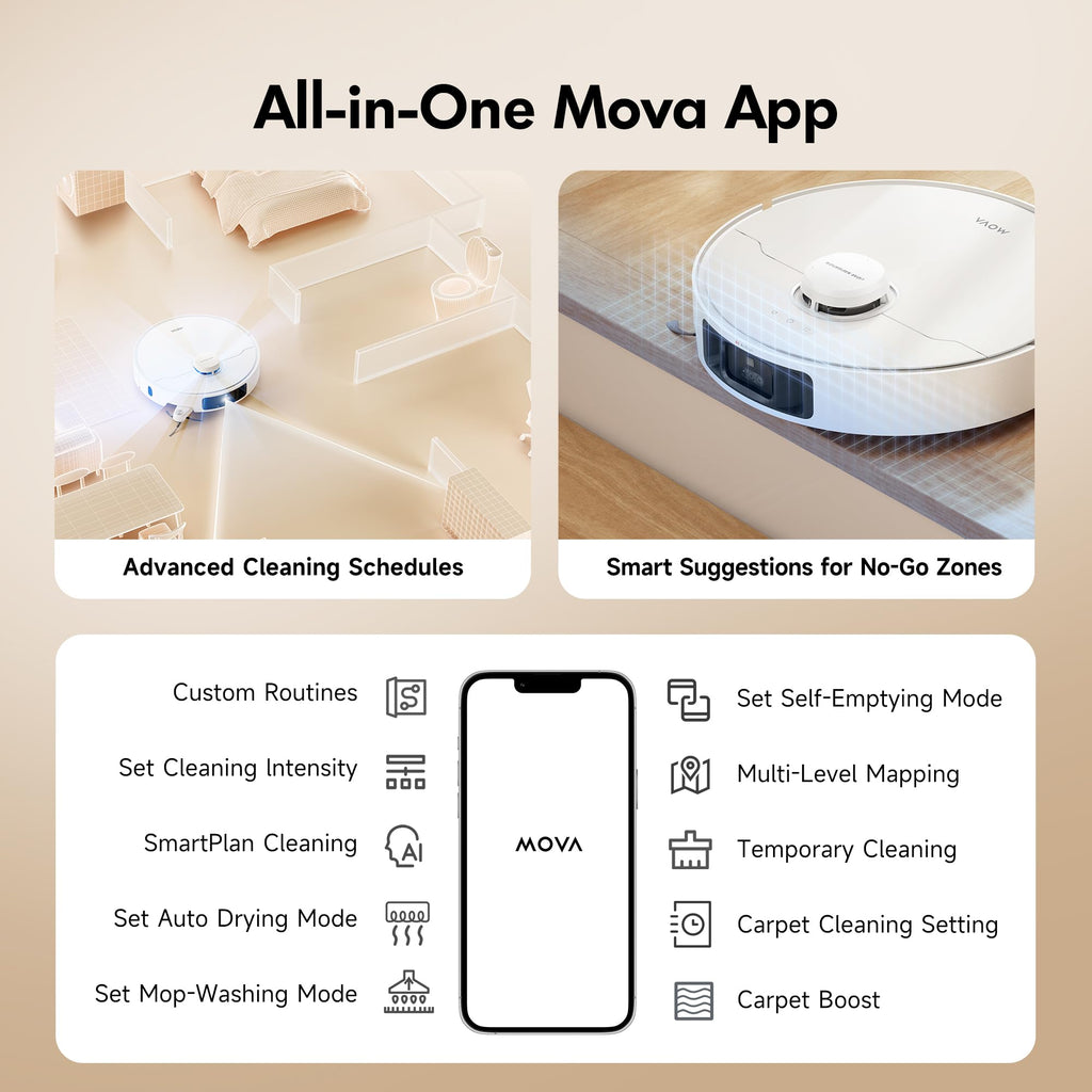 Mova P10 Pro Ultra Gen 2 Robot Vacuum and Mop, 26,000Pa Suaction, 212°F Hot Water Auto Mop Washing, 1-Hour Hot Air Drying, Extenable Mop, All-in-One Dock, Triple Anti-Tangle System for Home