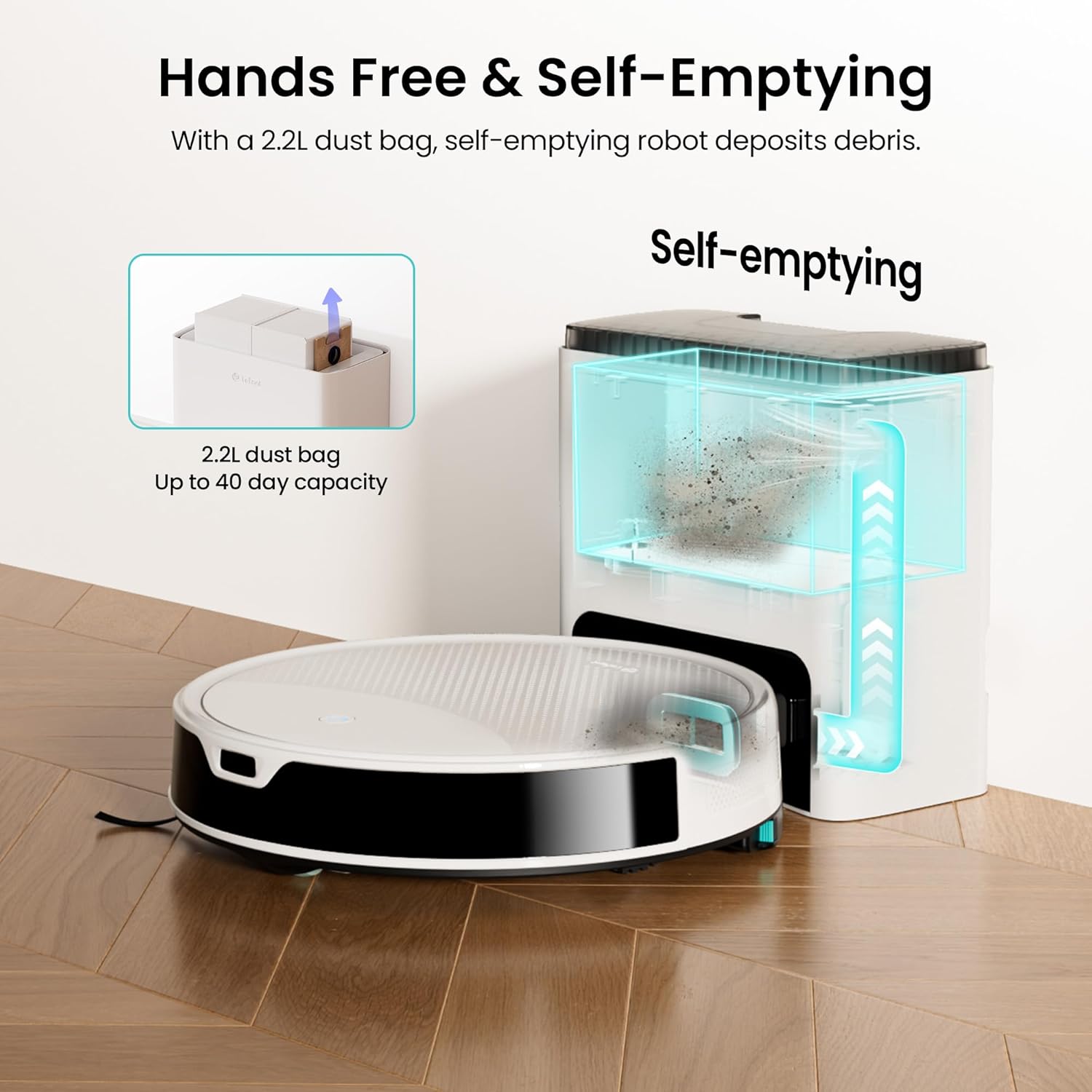 Lefant M350 Robot Vacuum and Mop Combo, 75-Day Self-Emptying, 190° PSD Obstacle Avoidance,6000Pa Suction，Quiet,Smart Navigation,Self-Charging, for Hard Floor, Carpet, Pet Hair,150 Min Runtime.White