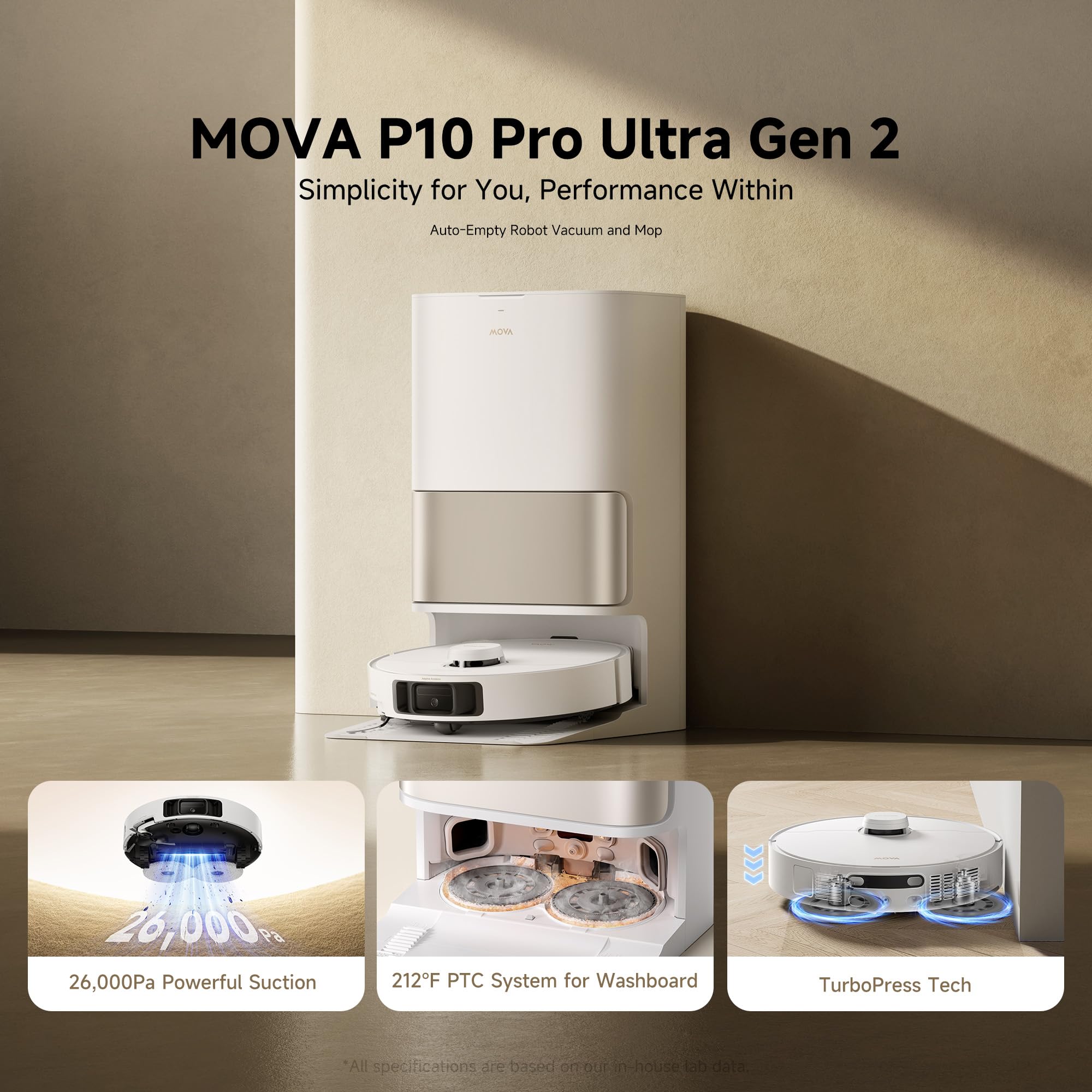 Mova P10 Pro Ultra Gen 2 Robot Vacuum and Mop, 26,000Pa Suaction, 212°F Hot Water Auto Mop Washing, 1-Hour Hot Air Drying, Extenable Mop, All-in-One Dock, Triple Anti-Tangle System for Home