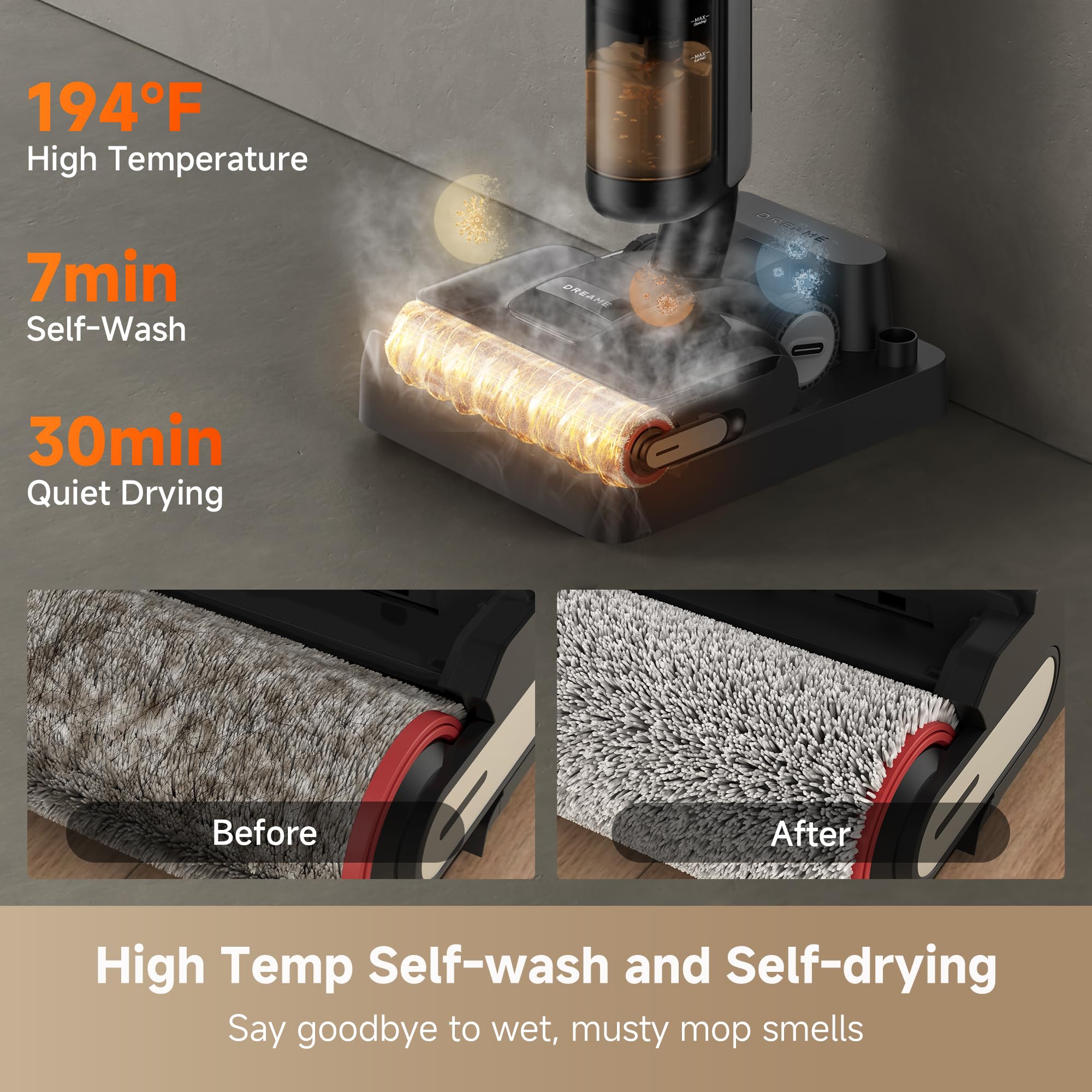 DREAME H12 Pro Gen2 Vacuum Mop, 0 Tangle Wet Dry Vacuum Cleaner, Cordless Vacuum Mop All-in-One for Hard Floors, 180° Lie-Flat Floor Cleaner Machine with 194°F Hot Self-Cleaning, 50Mins Runtime
